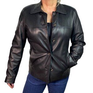 Colebrook & Co. Womens Black Leather Jacket Burgundy Button-Up Collared fits M/L